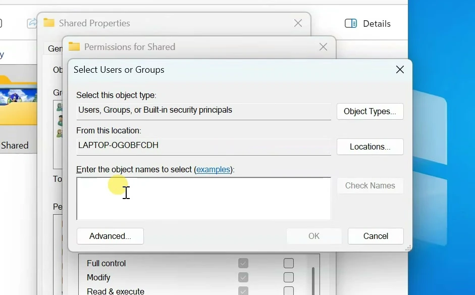 Select Users or Groups dialog opened while editing the Shared folder's Security permissions.