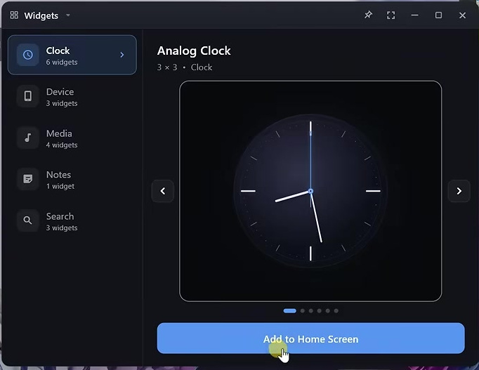 Android Dex Widgets window with an analog clock and Add to Home Screen button