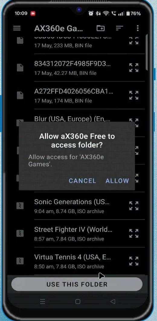 Android folder picker asking to allow aX360e access to the selected game folder