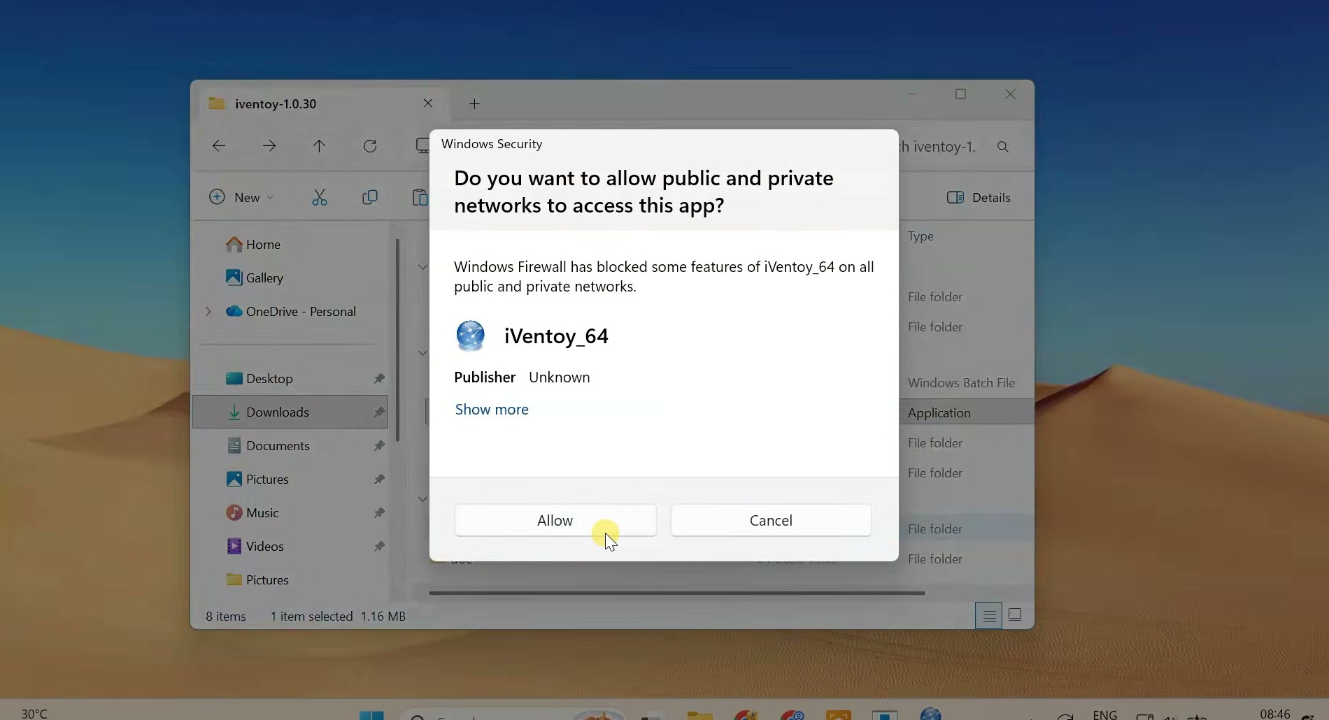 Windows Security firewall prompt asking whether public and private networks may access iVentoy