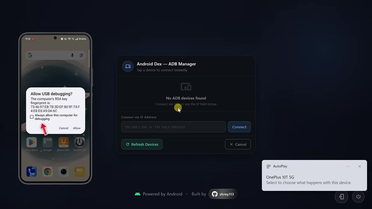 Android Allow USB debugging prompt beside the Android Dex ADB Manager