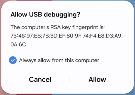 Android USB debugging authorization dialog with Always allow from this computer selected