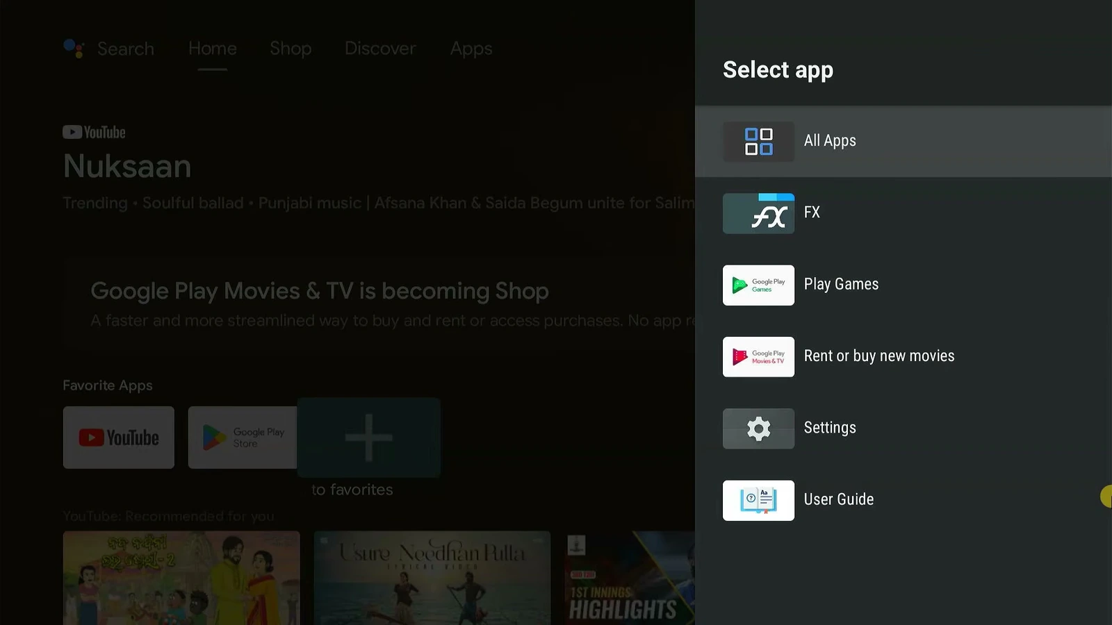 Android TV app selector listing All Apps, FX, Play Games, and Settings