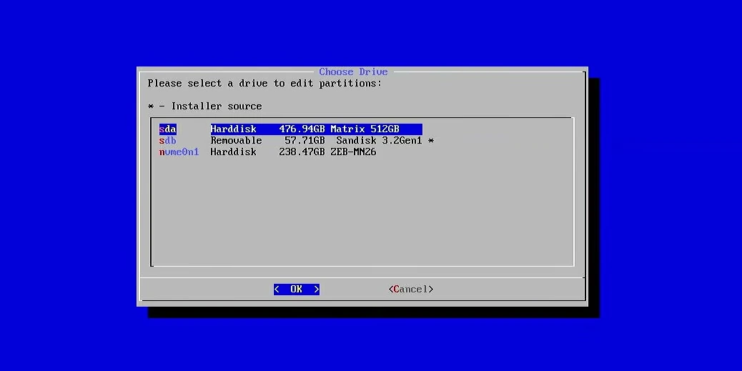 Android TV installer drive list with the Matrix 512GB hard disk selected