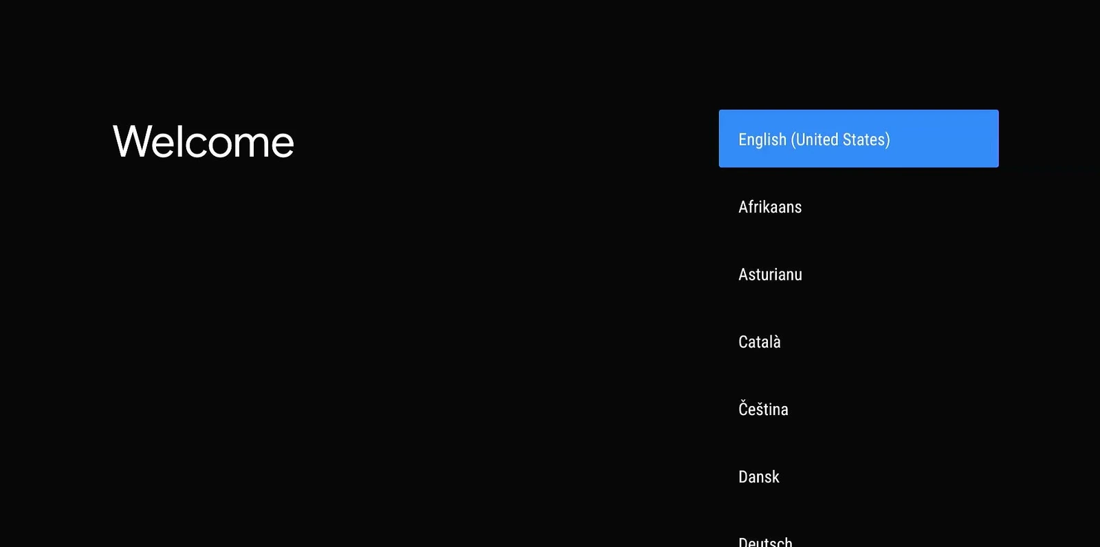 Android TV Welcome screen with English United States selected