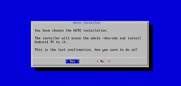 Android TV installer warning that the selected disk will be erased