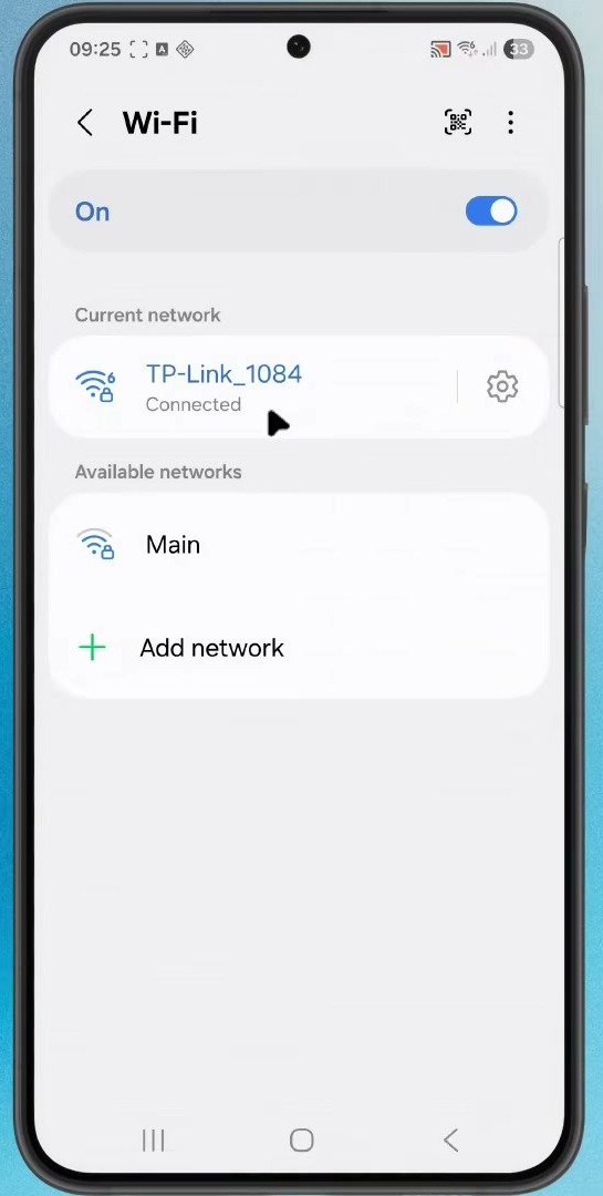 Samsung Wi-Fi settings showing a connected network and its settings icon