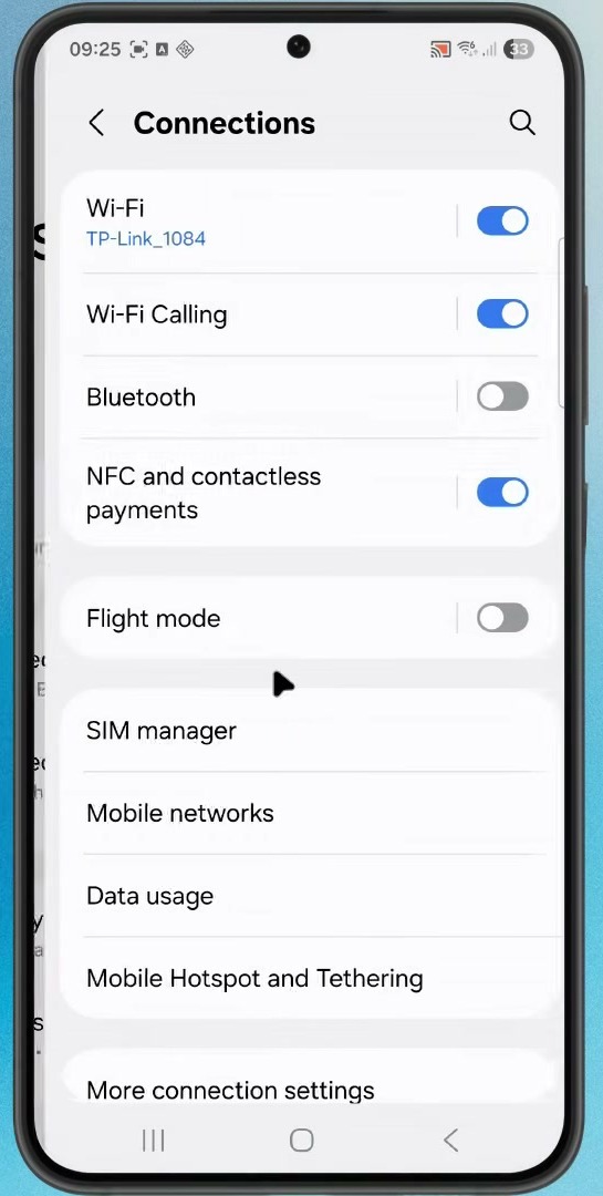 Samsung Android Connections settings with the Wi-Fi option visible