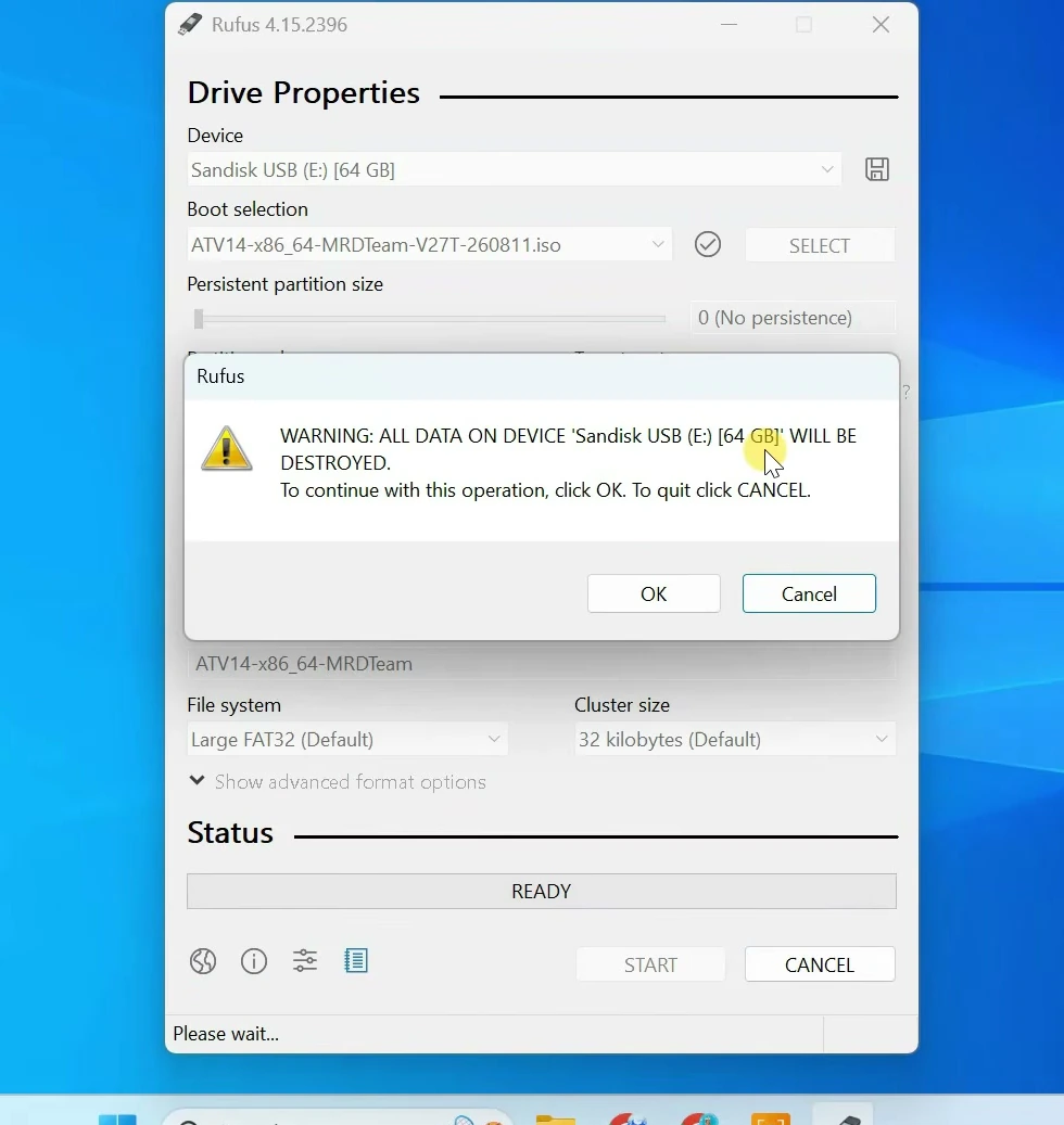 Rufus warning that all data on the selected USB drive will be destroyed