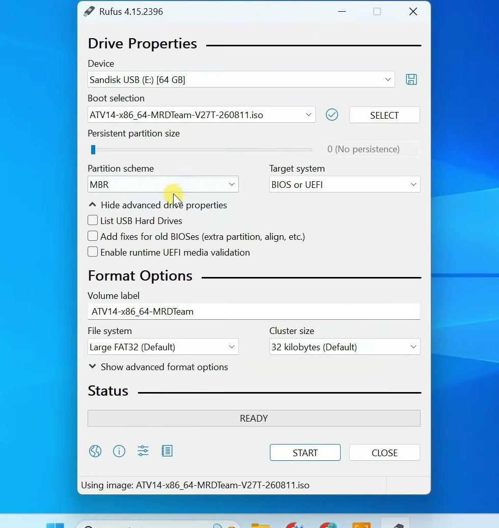 Rufus configured with an Android TV 14 ISO and SanDisk USB drive