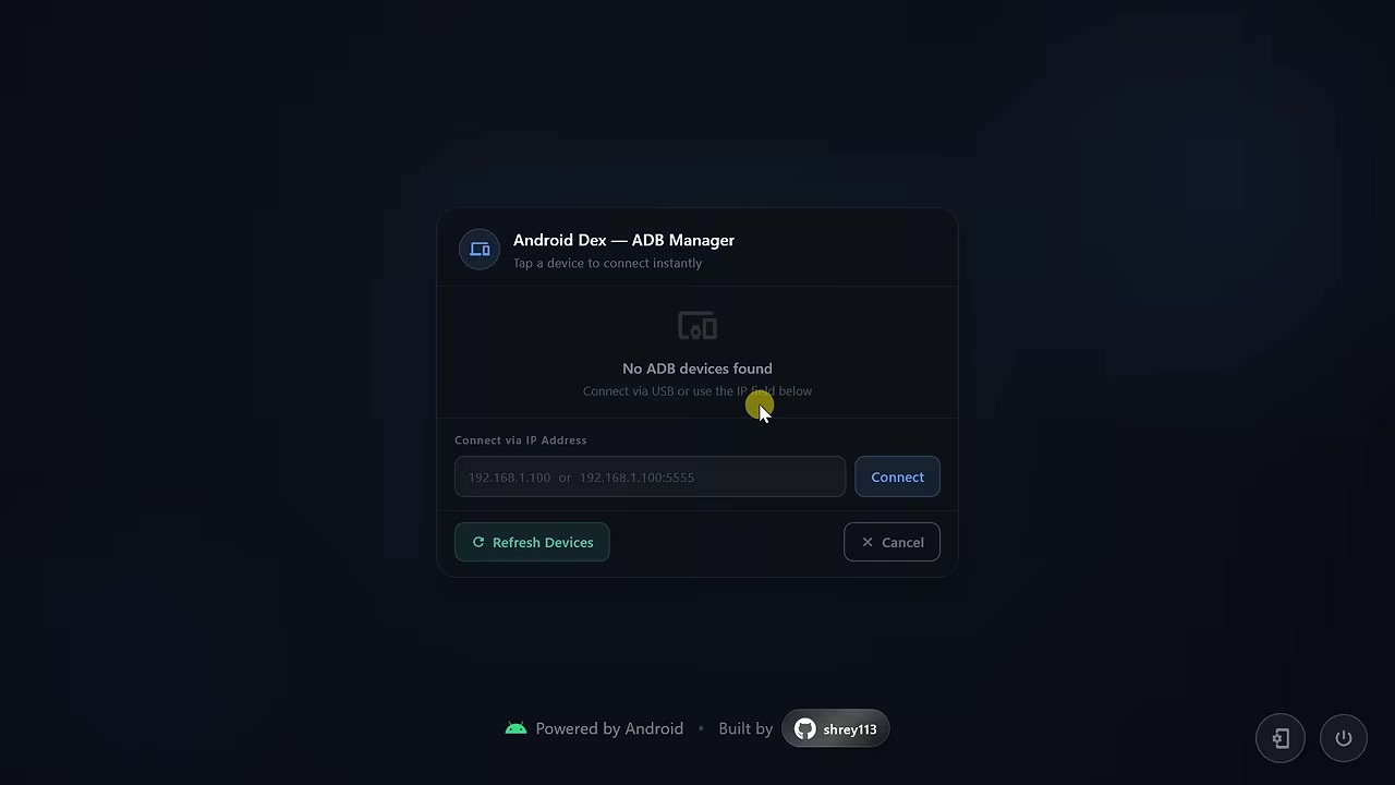 Android Dex ADB Manager waiting for an Android device