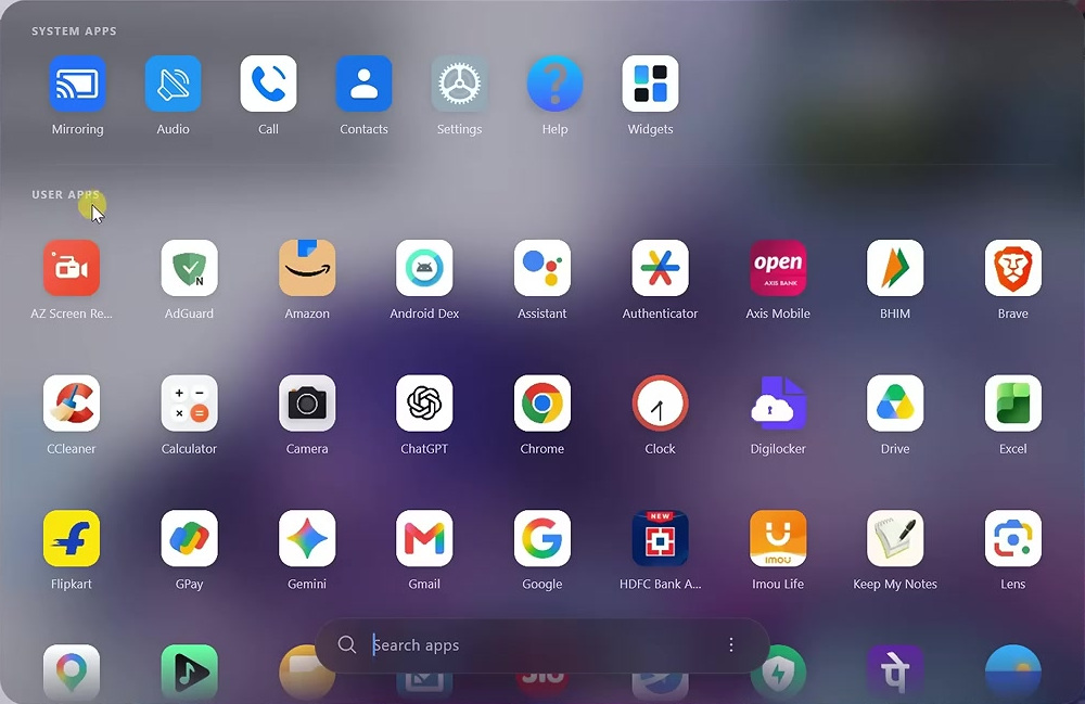 Android Dex application drawer showing system apps and installed Android apps