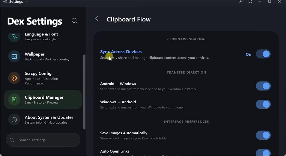 Android Dex Clipboard Flow settings with Android-to-Windows and Windows-to-Android sharing enabled