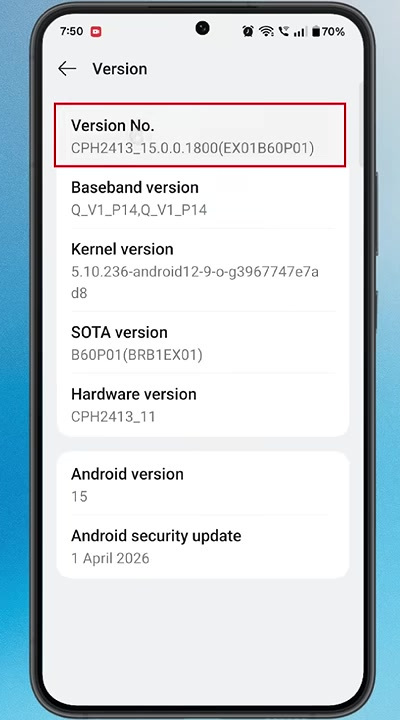 Android Version page with the Version number highlighted to enable Developer options