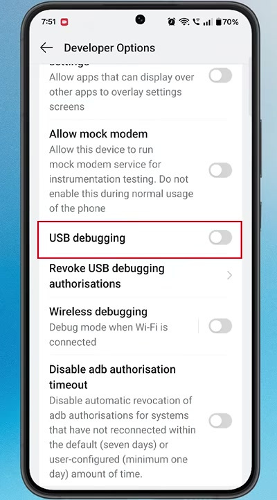 USB debugging option highlighted in Android Developer options
