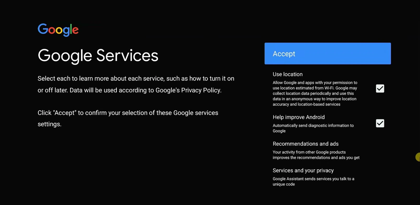 Google Services screen on Android TV with privacy settings and Accept button