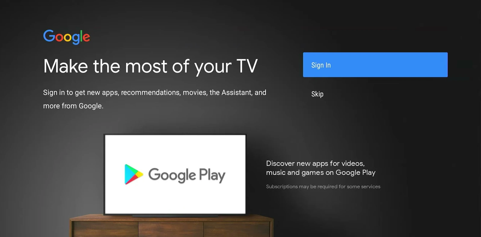 Android TV Google sign-in prompt with Sign In and Skip options