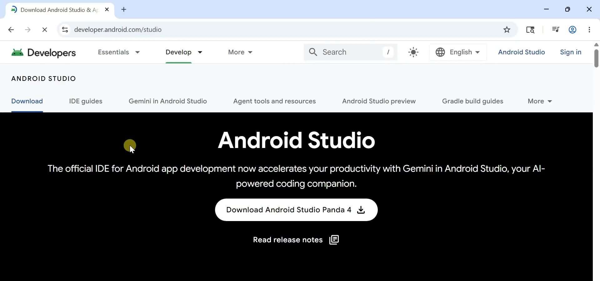 Official Android Studio website with the Windows download button