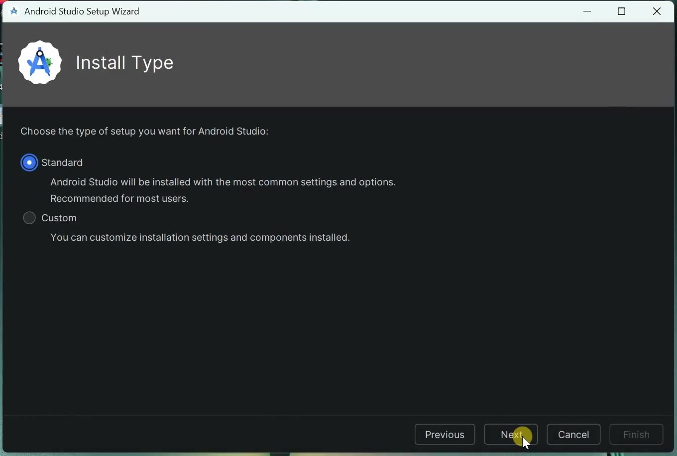 Android Studio setup wizard with the Standard installation type selected