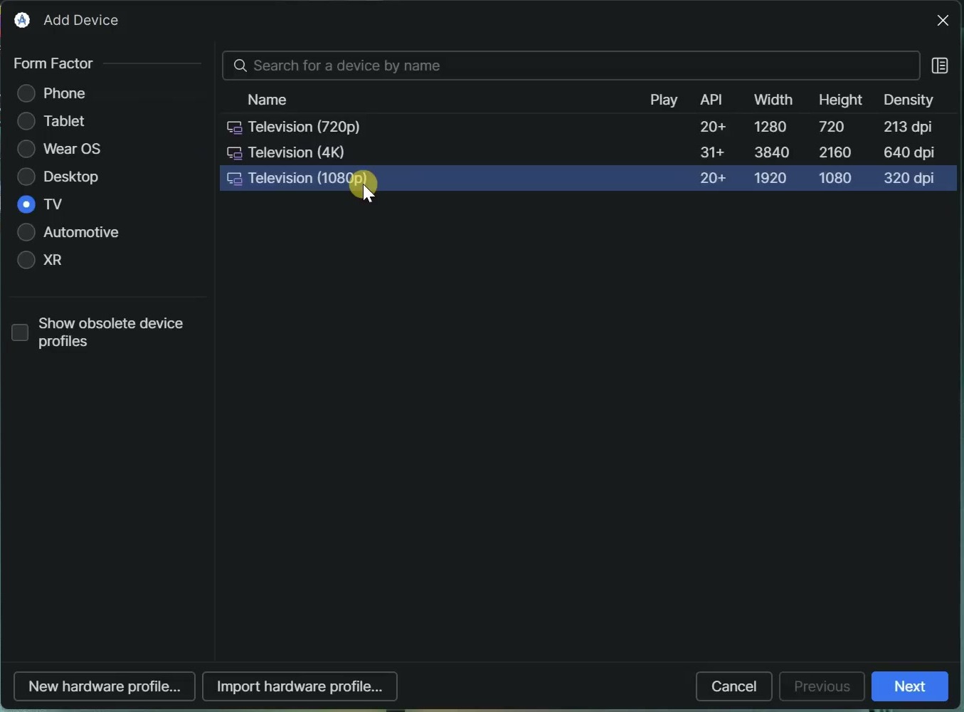 Android Studio Add Device window with the TV form factor selected