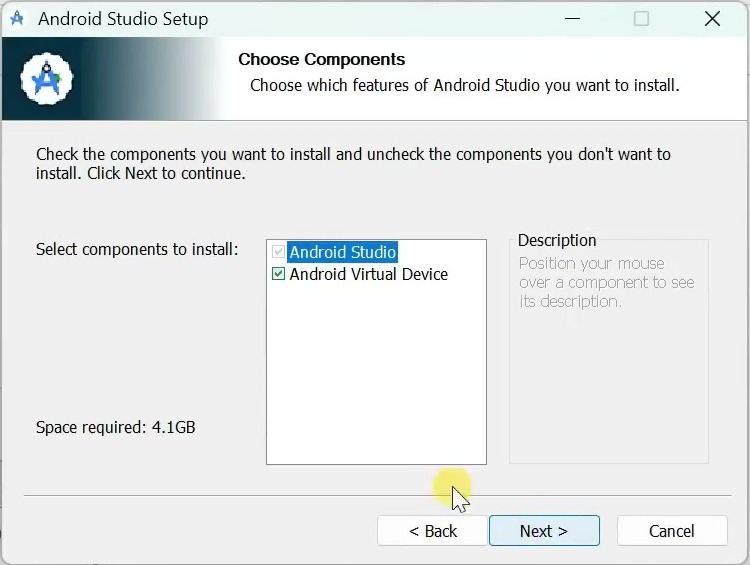 Android Studio installer with Android Studio and Android Virtual Device selected