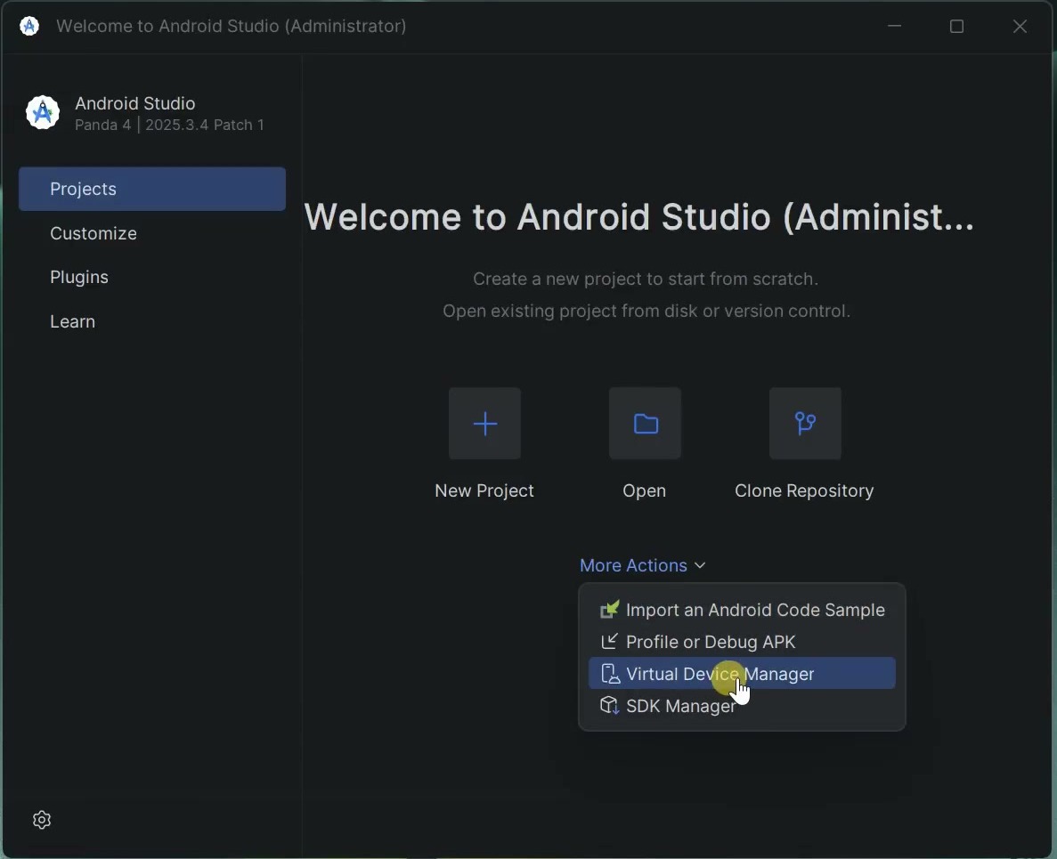 Android Studio welcome screen with the More Actions control