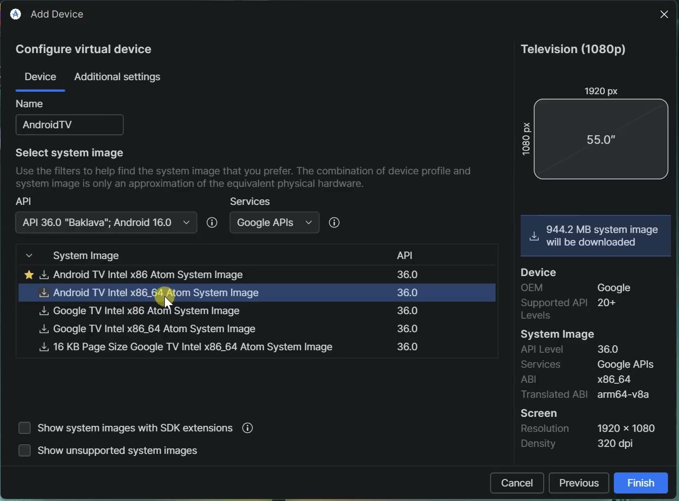 Android Studio virtual device configuration with an Android TV 16 system image selected