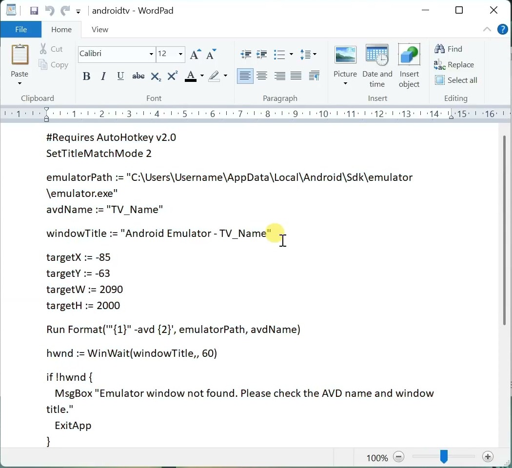 AutoHotkey v2 script template with emulator path and Android TV virtual-device name placeholders