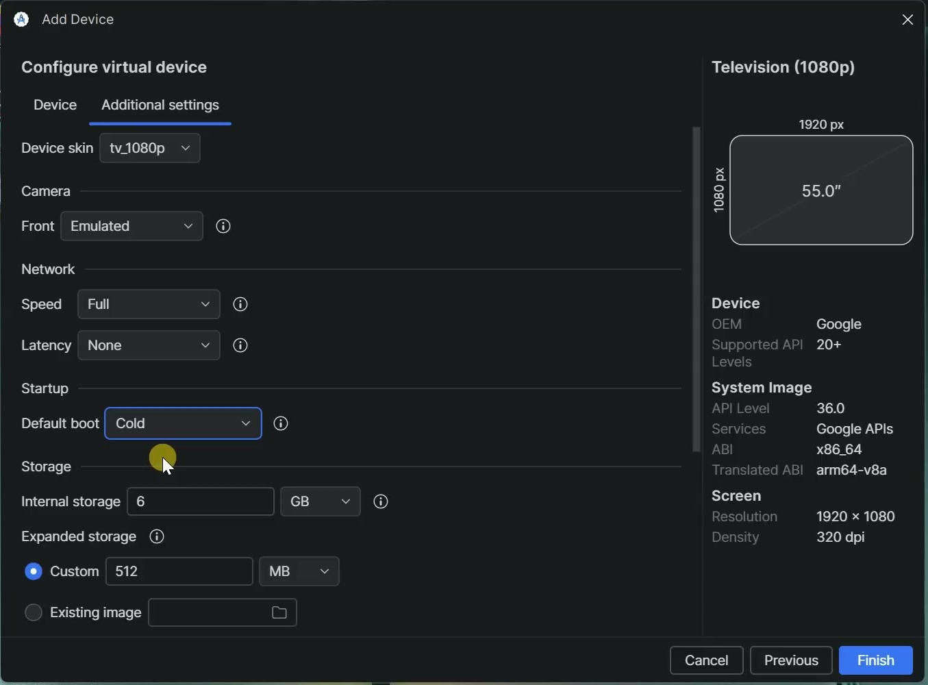 Android Studio additional settings showing Cold Boot and Android TV emulator storage