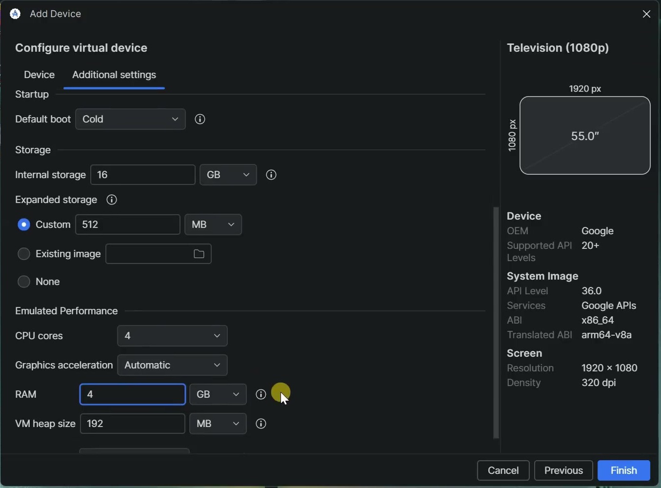 Android Studio additional settings showing internal storage, CPU cores, RAM, and VM heap size