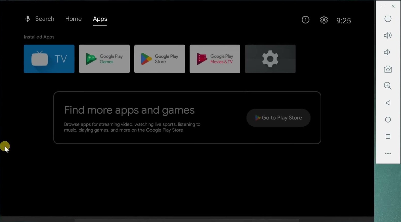 Android TV Apps screen running inside the Android Emulator on Windows