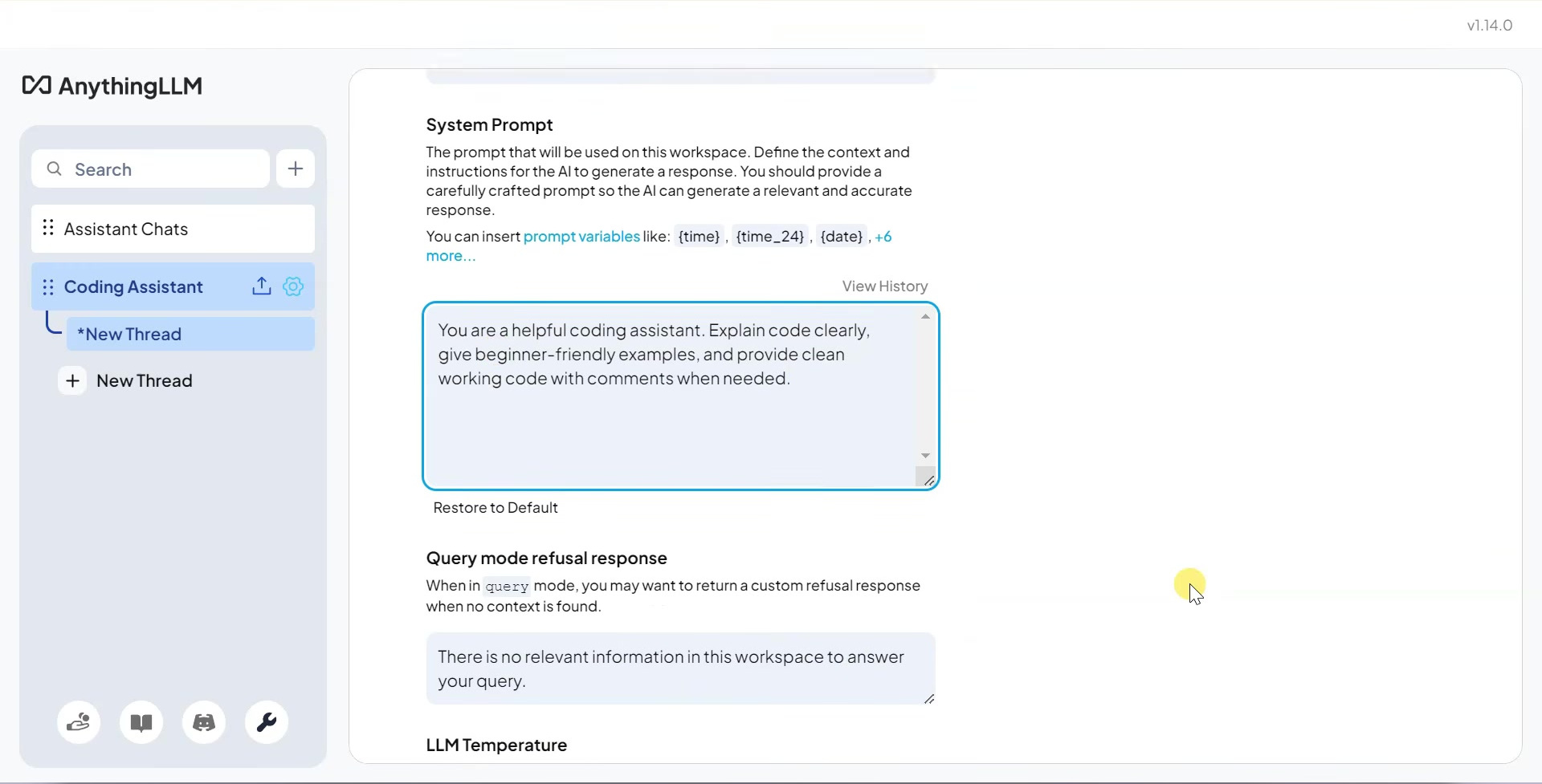 Coding assistant system prompt entered in AnythingLLM workspace settings