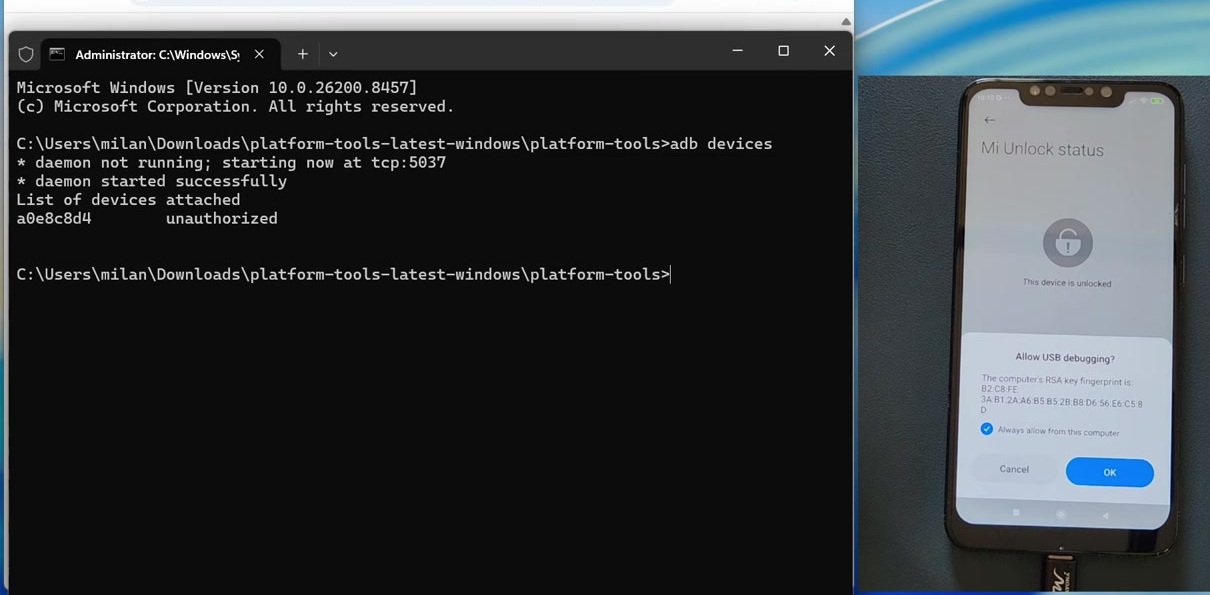ADB showing an unauthorized device beside the Allow USB debugging prompt on Android