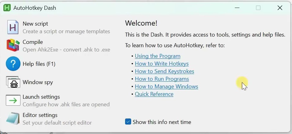 AutoHotkey Dash window on Windows after installation