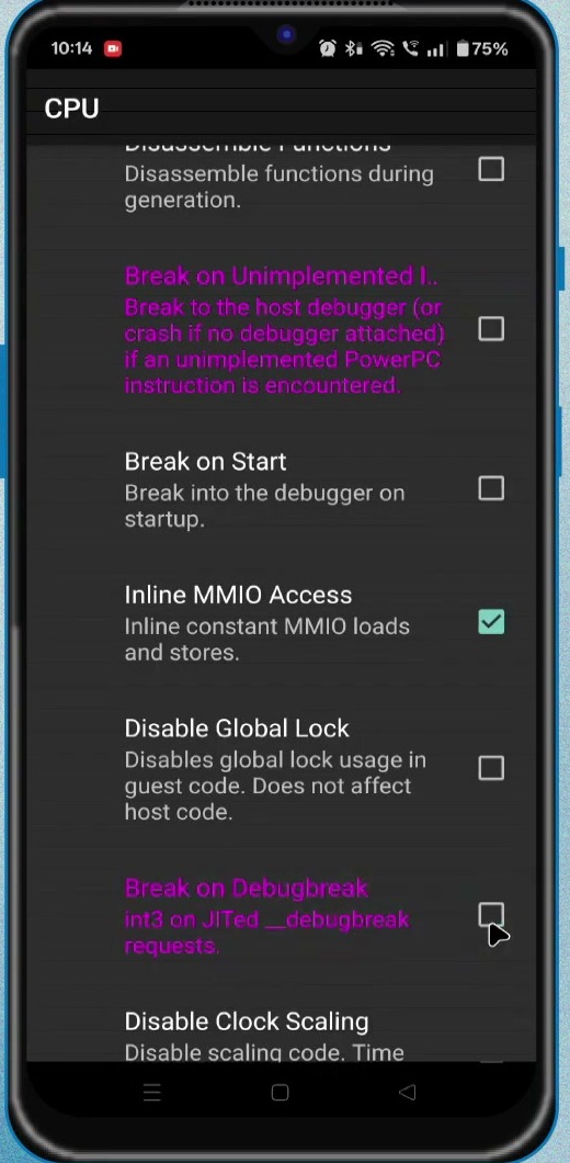 aX360e CPU settings showing debugger break options