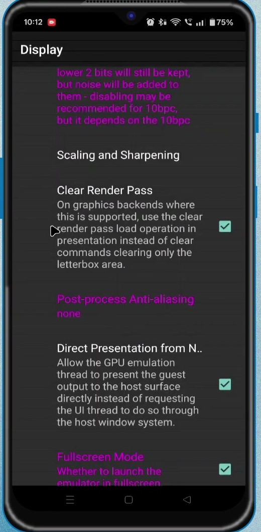 aX360e Display settings showing post-process anti-aliasing set to none and fullscreen enabled