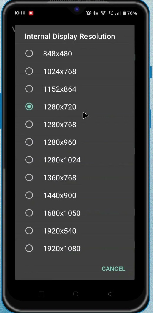 aX360e Internal Display Resolution menu with 1280 by 720 selected