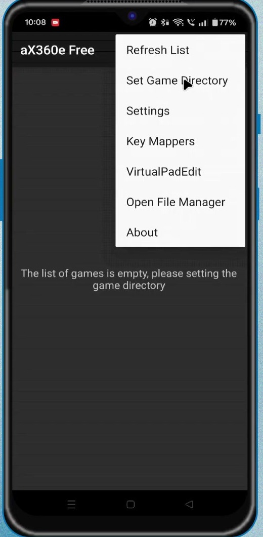 aX360e menu with Set Game Directory selected