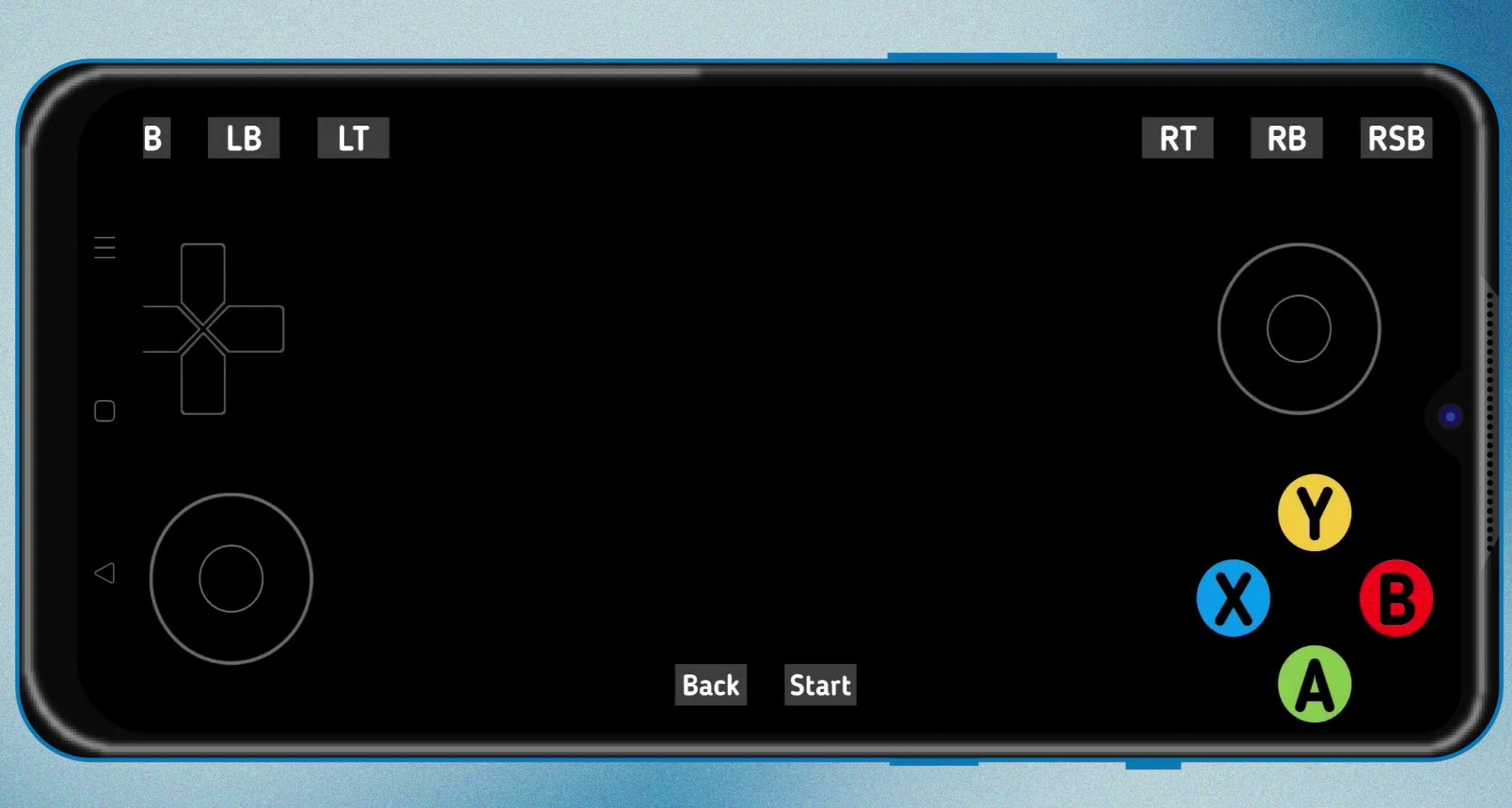 aX360e virtual Xbox-style gamepad controls on an Android screen