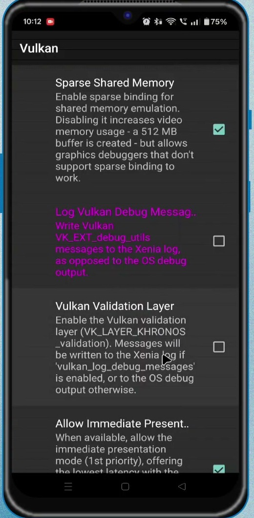 aX360e Vulkan settings with debug-message logging and the validation layer disabled
