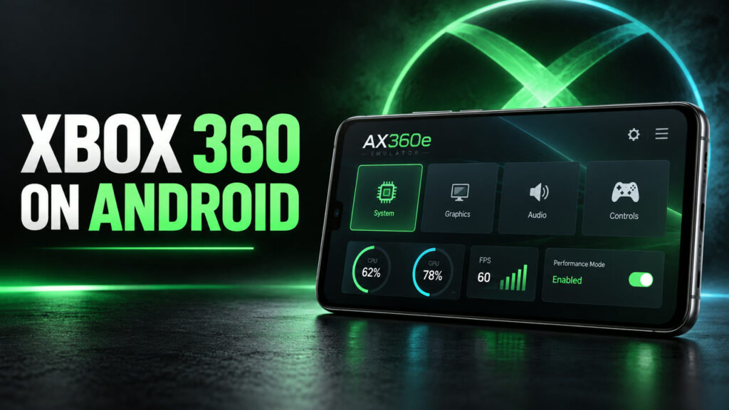 aX360e emulator dashboard beside the text Xbox 360 on Android