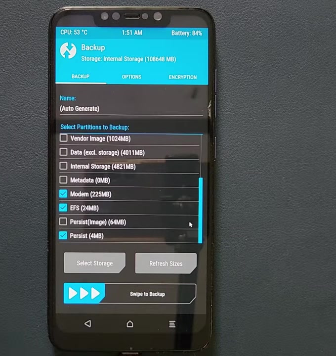 Modified TWRP Backup screen with important POCO F1 partitions selected