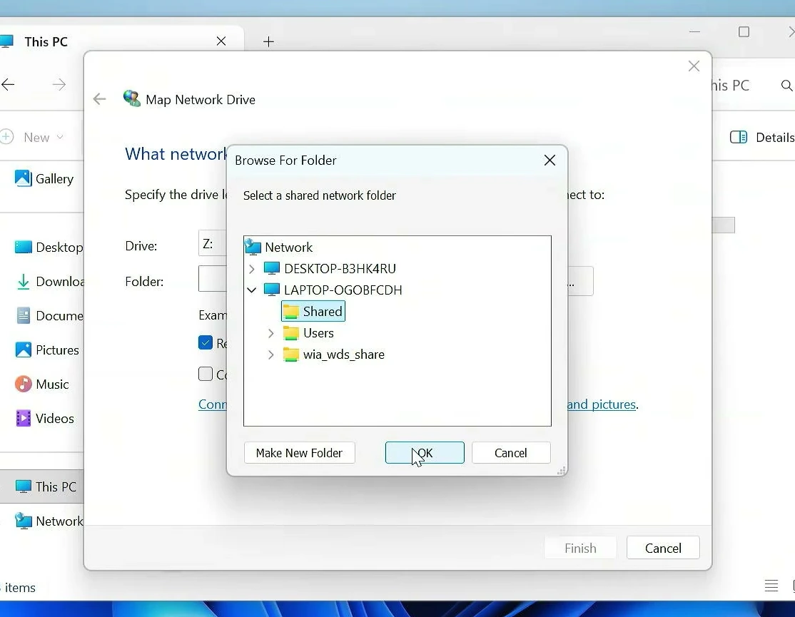 Browse For Folder dialog showing the Shared folder selected under the remote computer LPTOP-OGOBFCDH.