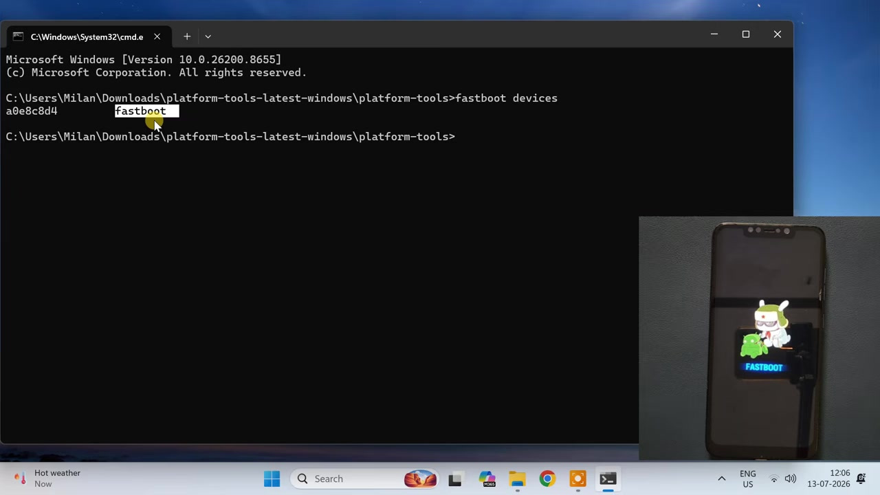 Command Prompt showing a POCO F1 serial number after the fastboot devices command