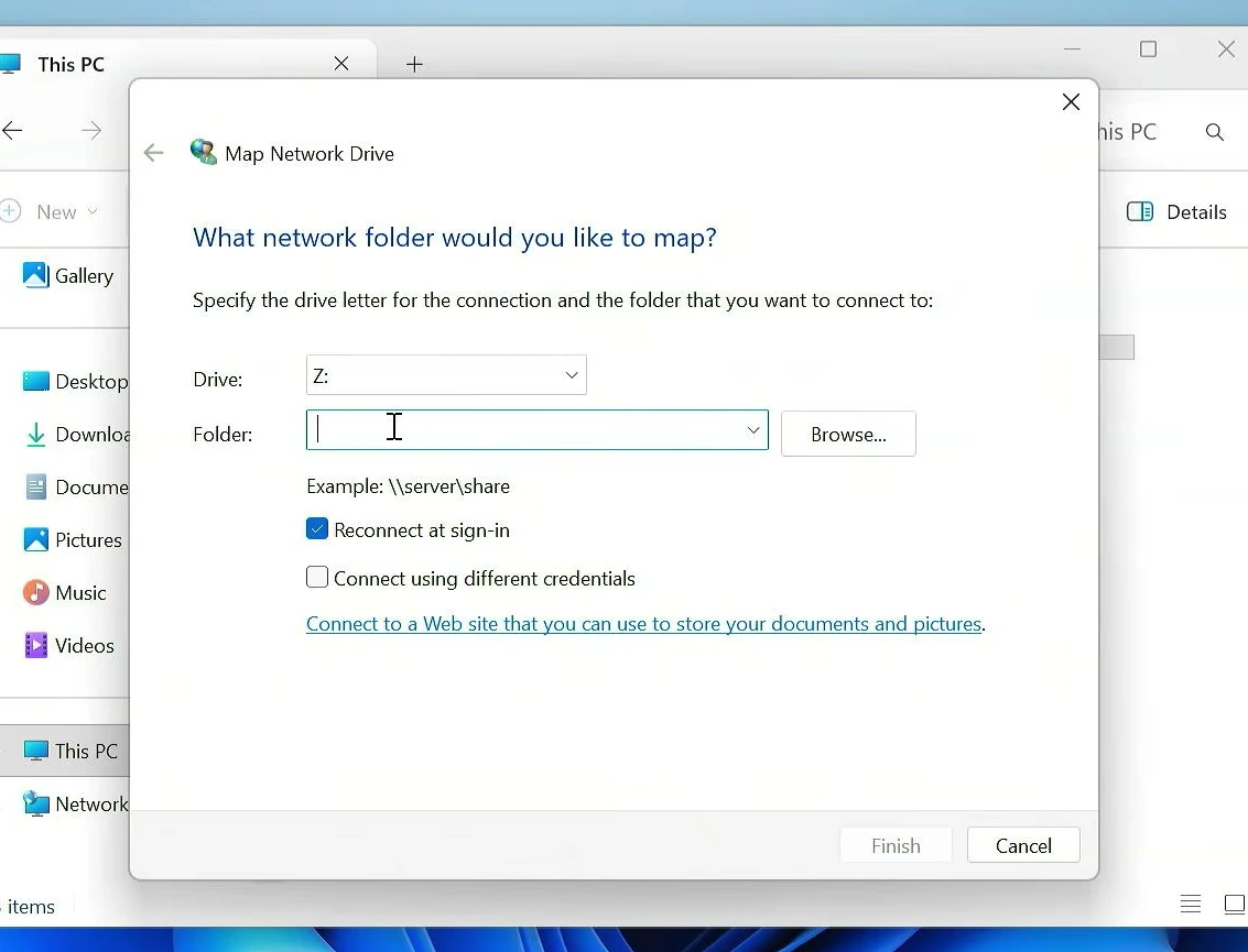 Map Network Drive dialog with drive letter Z selected, an empty Folder field, Browse button, and Reconnect at sign-in checked.
