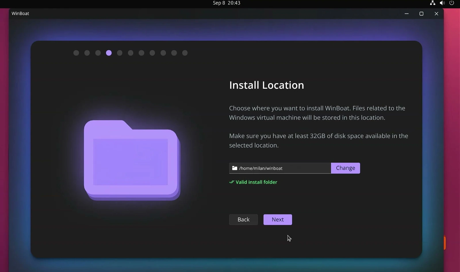 WinBoat Install Location screen with a valid folder for Windows virtual machine files