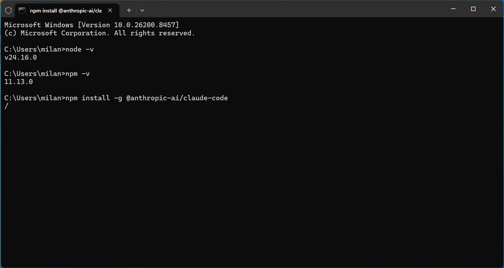 Windows Terminal showing Node.js and npm versions and the Claude Code npm install command