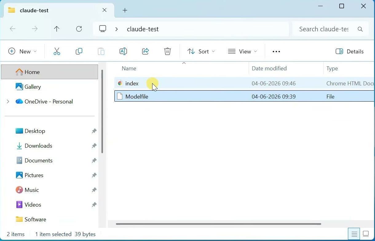 Windows File Explorer showing the index HTML file created by Claude Code