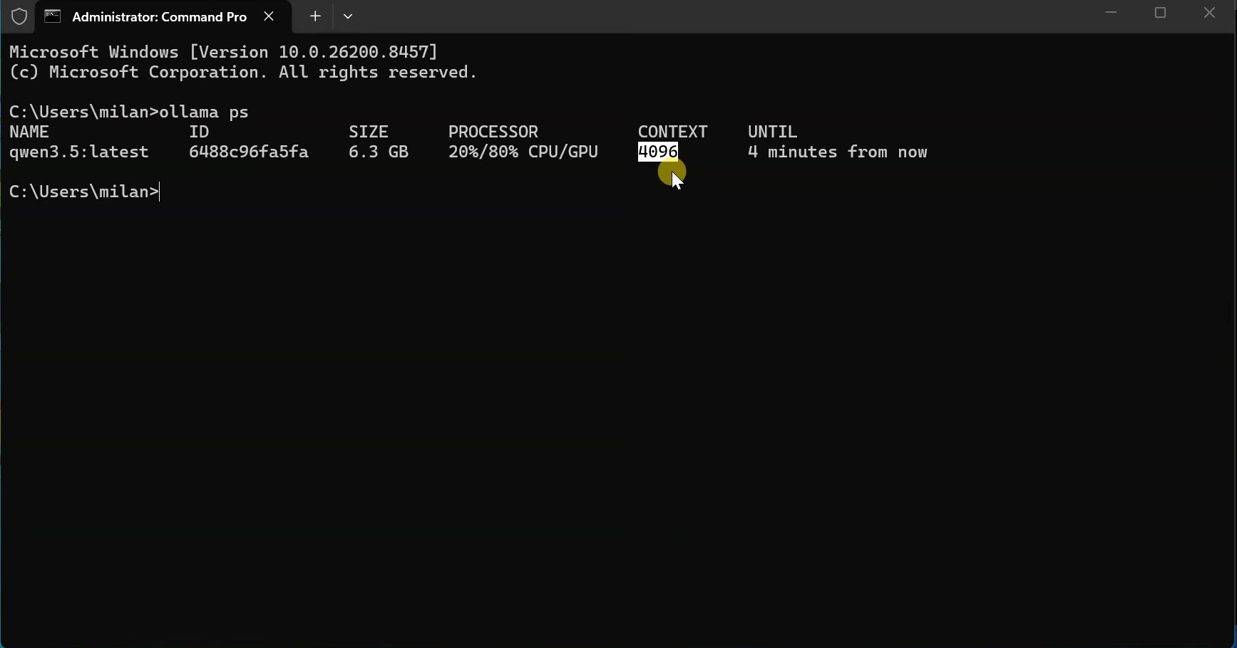 Ollama ps output showing a 4096-token context window for Qwen 3.5