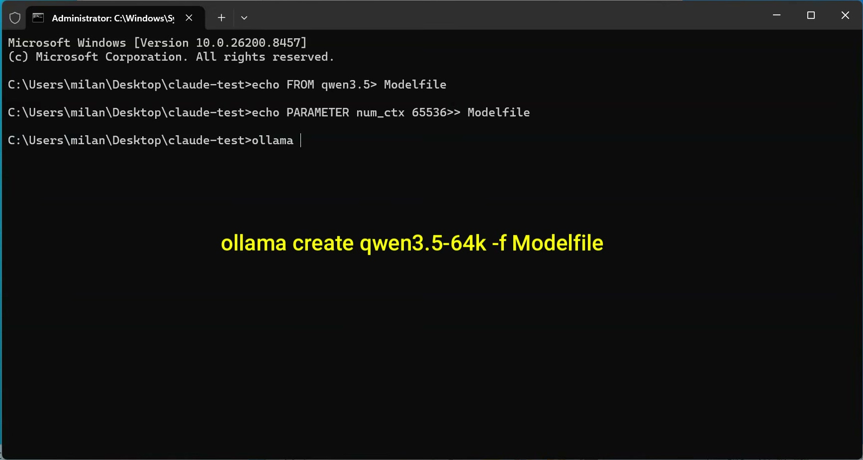 Windows Terminal showing commands that create an Ollama Modelfile with a 65536-token context